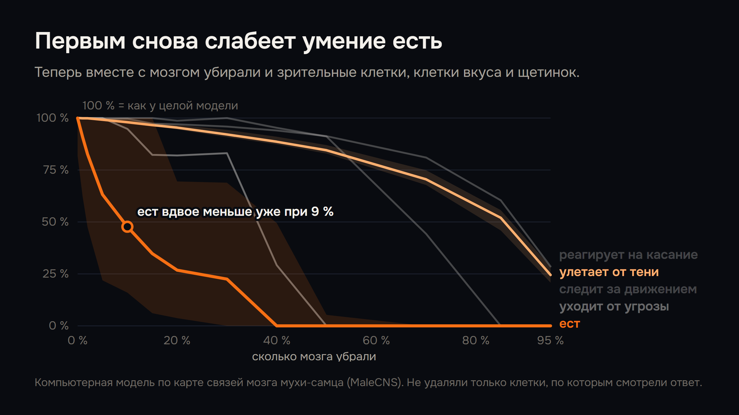 График: если вместе с мозгом убирать и клетки органов чувств, первым снова слабеет умение есть, вдвое около 9 %, взлёт от тени слабеет вдвое около 86 %